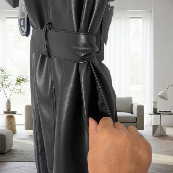 NWT Scoop Black Vegan Leather Mini Shirt Dress with Belt & Pockets – Size XS - Picture 6 of 13